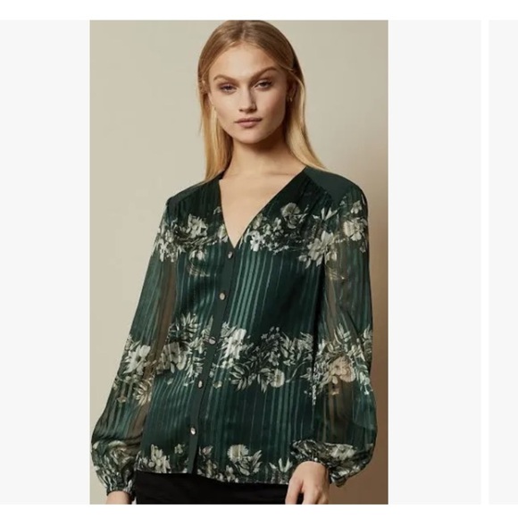 TED BAKER Eveliin Green Floral Blouse with Metallic Threads and sheer sleeves 2 - Picture 2 of 11